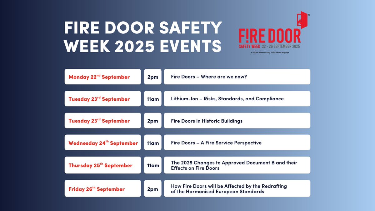 FireSealsDirect's tweet image. Fire Door Safety Week 2025 🚪
Mark your calendars: 22nd–26th September! This year’s Fire Door Safety Week webinars are packed with expert insights and everything you need to know to keep people and buildings safe.
📅 Sign up today to secure your spot:
👉 firedoorsafetyweek.co.uk/events