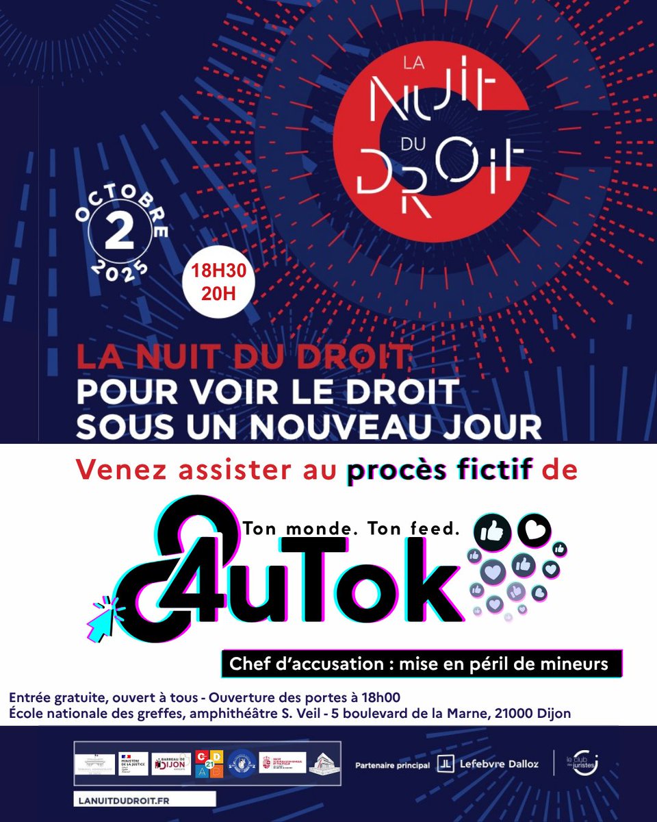📢 NUIT DU DROIT 2025 - 2 octobre à l'ENG✨

Venez assister au procès fictif, en format cour d’assises, de "4utok" ! ⚖️

➡️A charge, une psychologue et un gendarme
➡️A décharge, un avocat et une maitre de conférences

Entrée gratuite et libre dans la limite des places disponibles