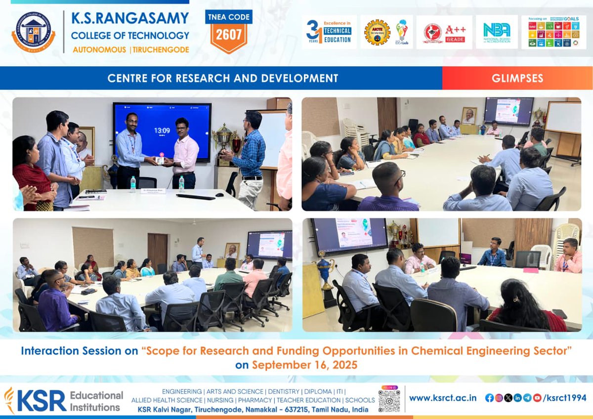 ksrct1994's tweet photo. Glimpses!
Interaction Session on the title “Scope for Research and Funding Opportunities in Chemical Engineering Sector” on September 16, 2025.
#ksrct1994 #ksr #ksrei #CFRD #InteractionSession #FundingOpportunities #ChemicalEngineering #FutureResearch https://t.co/rkrefJ6OyF