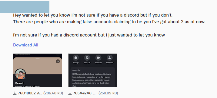 eexad00's tweet photo. ⚠️ SCAM WARNING⚠️

It’s come to my attention that people are creating fake Discord accounts pretending to be me to scam past customers.

If you’ve commissioned me on Fiverr before and receive a message with my name and these PFPs, please block and ignore it. Stay safe! https://t.co/ngagssrEuD