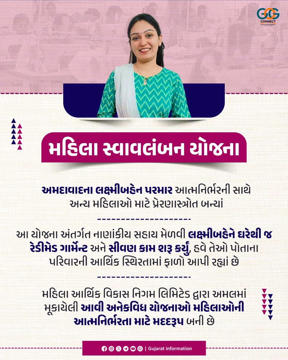 મહિલા સ્વાવલંબન યોજના થકી રાજ્યની અનેક મહિલાઓ આત્મનિર્ભર બની પરિવારની આર્થિક સ્થિરતામાં ફાળો આપી રહ્યાં છે...

#WomenEnterpreneur #WomenEmpowerment