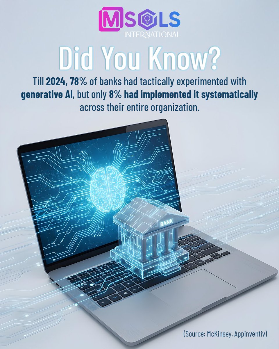 Experimentation is easy, transformation is hard. The future of banking will belong to those who move beyond trials and embed generative AI systematically. Are you ready to step into the future?

Request a callback: msolsint.com/contact/ 

#MSOLS #banking #finance #cybersecurity