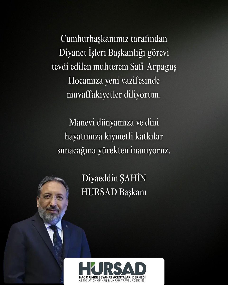 Cumhurbaşkanımız tarafından Diyanet İşleri Başkanlığı görevi tevdi edilen muhterem Safi  Arpaguş Hocamıza yeni vazifesinde muvaffakiyetler diliyorum.

Manevi dünyamıza ve dini hayatımıza kıymetli katkılar sunacağına yürekten inanıyoruz.

Diyaeddin ŞAHİN 
HURSAD Başkanı