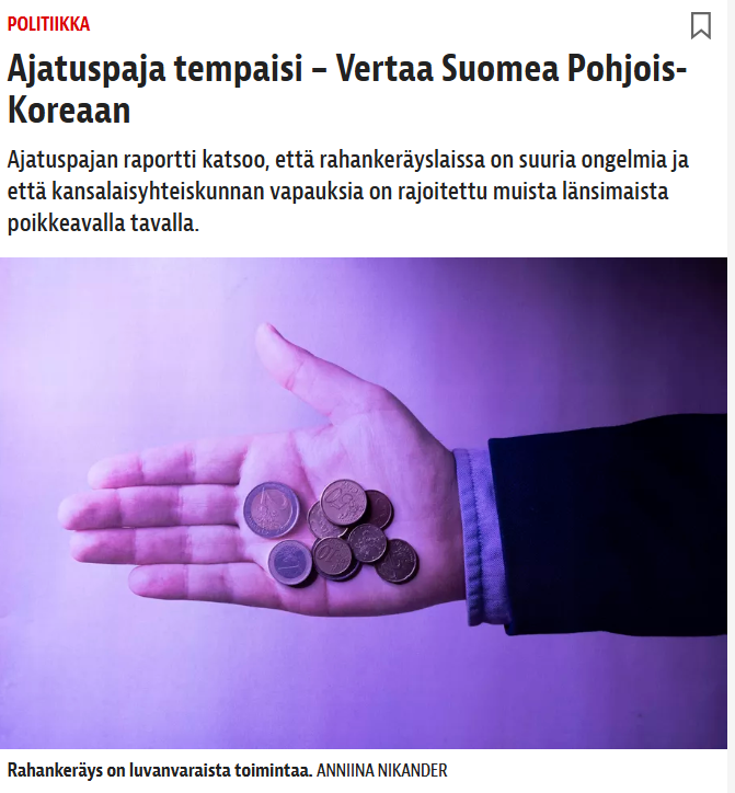 Täsmennys; vertaamme (rahankeräyksen luvanvaraisuudessa) Suomea myös Kuubaan ja Arabiemiraatteihin.☝🏻️

Kansalaisyhteiskunnan vapauksia todella rajoitetaan muista länsimaista poikkeavalla tavalla. Tuore raporttimme esittää tähän konkreettisia muutoksia.

Linkit kommenteissa.