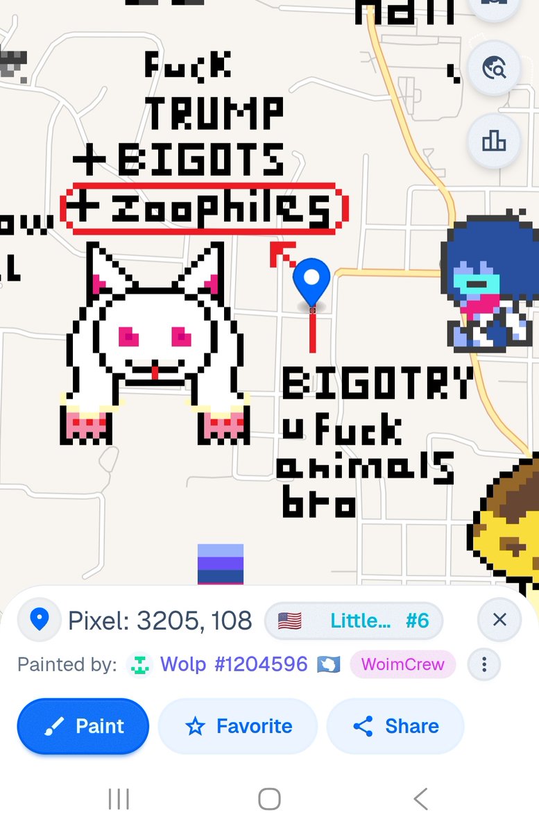 #wplace
can someone help me report this user?? they keep drawing the pro-contact zoophile flag and calling me a bigot when I erase it

being against fucking animals isn't bigotry you braindead fuck