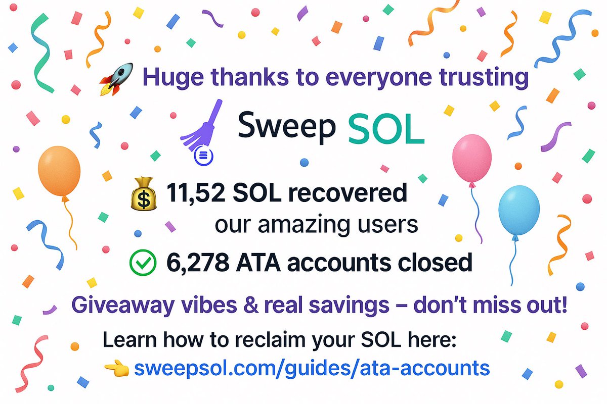 SweepSOL_Web3's tweet image. 🚀 Huge thanks to everyone trusting SweepSOL!

💰 11.52 SOL recovered by our amazing users
✅ 6,278 ATA accounts closed

🎁 Giveaway vibes &amp;amp; real savings – don’t miss out!

Learn how to reclaim your SOL here:
👉 sweepsol.com/guides/ata-acc…

#solana #GIVEAWAY #memecoins
