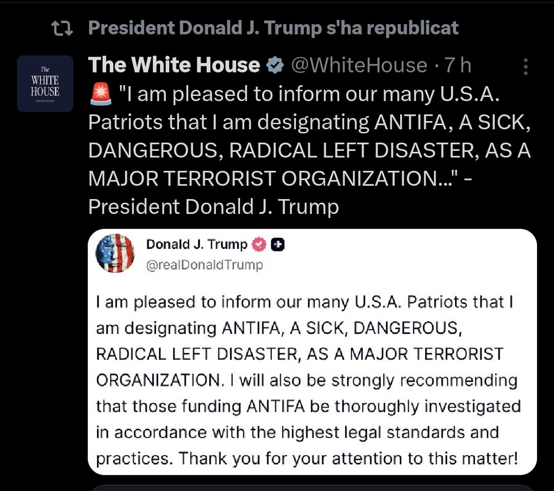 Trump pretende designar "Antifa" una organización terrorista, como ya dijo en su anterior mandato, haciendo creer que se trata de una organización. Antifascista es una posición política, pero ya tiene un fantasma con el que agitar a los fascistas analfabetos que le creen.