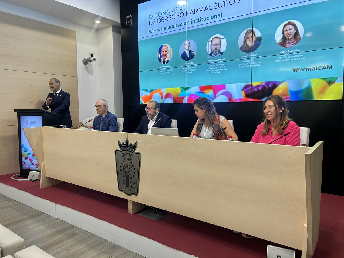Arranca el IV Congreso de Derecho Farmacéutico del <a href="/icam_es/">Ilustre Colegio de la Abogacía de Madrid</a>, con la participación de Eugenio Ribón, decano de #ICAM, CésarHernández, Pilar Jimeno, <a href="/namarilla21/">Nuria Amarilla Mateu</a>, Y Óscar López, vicepresidente 1 del #COFM para abordar los grandes retos jurídicos y sanitarios del sector. #FarmaICAM
