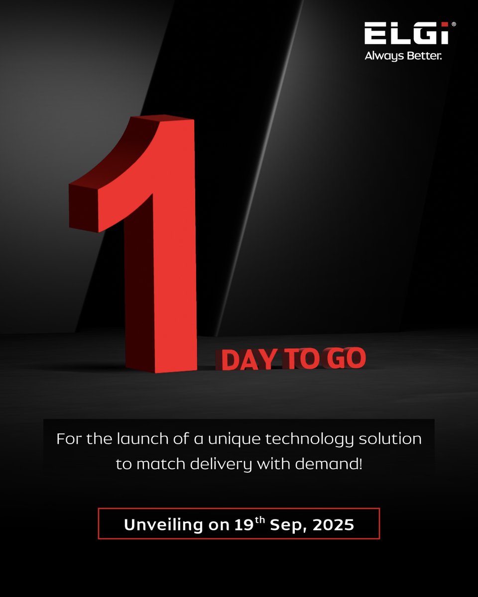 This 19th September, ELGi is unveiling an innovative technology solution that would revolutionize air compressor operations.

Only 1 day to go before we introduce this game-changer to the world.

Register now to witness the future of air compressor technology -