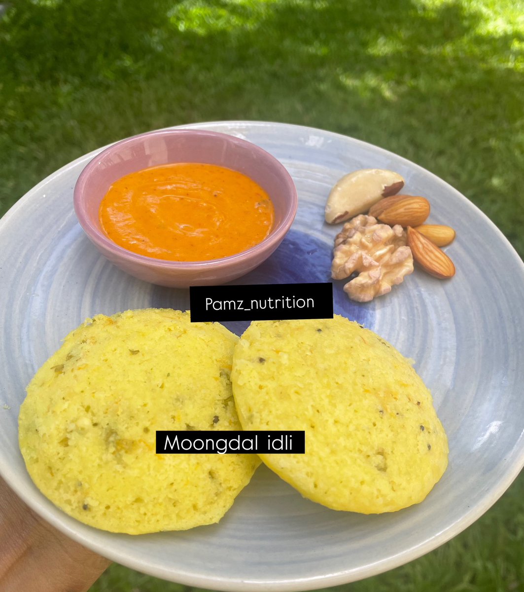 Broke 17 hours fast with this nourishing plate ofMoong Dal veggies idli, chutney &amp; nuts . Some veg broth followed by paneer cubes. 
#gratitude