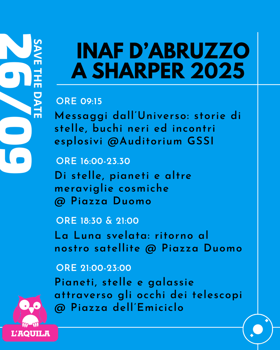 La scienza scende in piazza! Il 26 settembre ti aspettiamo a L’Aquila per <a href="/sharpernight/">SHARPER Night</a> 2025 con talk, conferenze e momenti di confronto, laboratori e attività interattive, osservazioni guidate ai telescopi.
Leggi la news e prenota: oa-abruzzo.inaf.it/26-settembre-n…