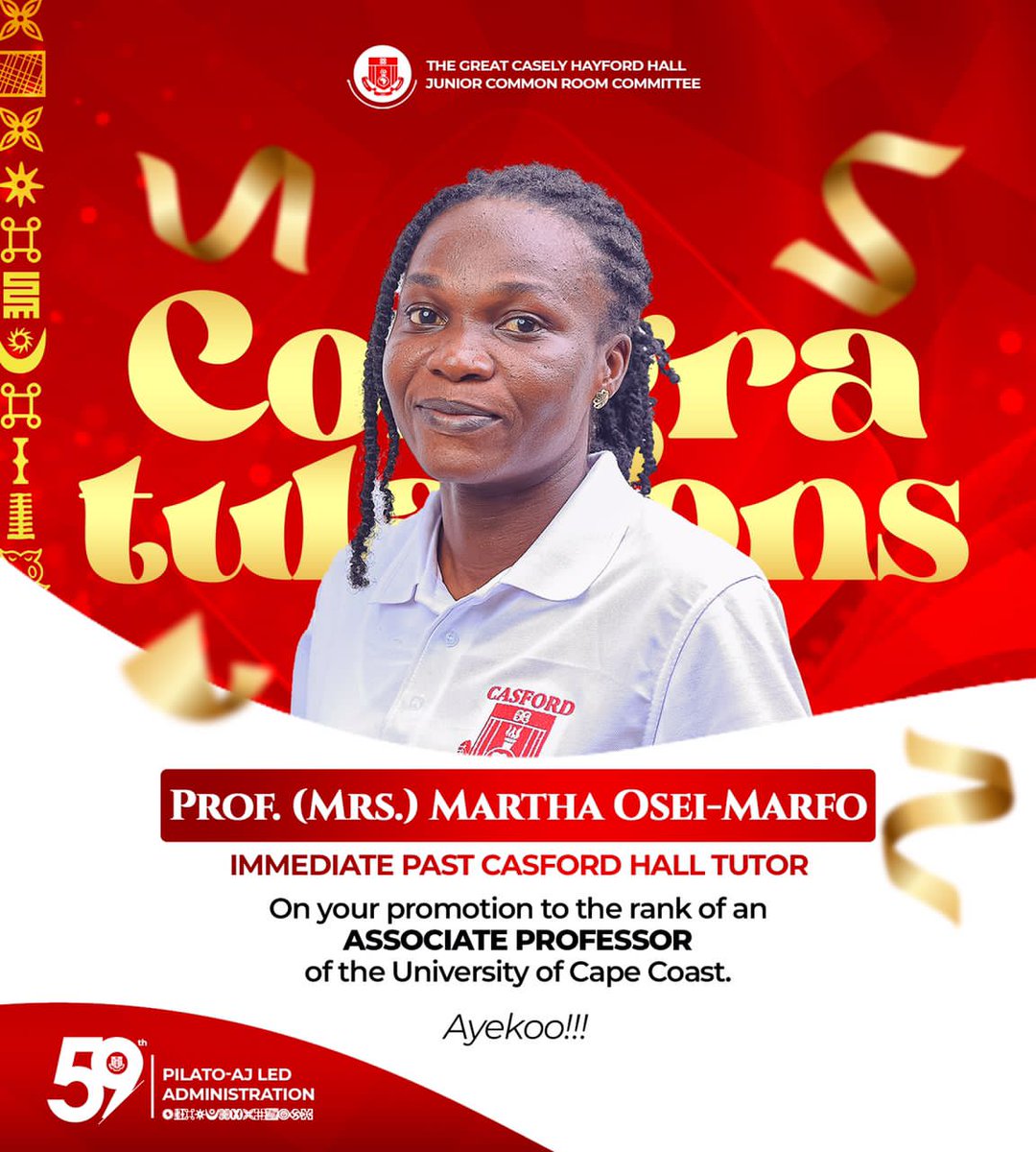 Congratulations to Prof. Mrs. Martha Osei-Marfo on her promotion to Associate Professor at UCC. Your leadership, mentorship, and dedication to the Hall remain an inspiration. Truly well deserved!

#YouFirst #LeadingWithIntegrity #NyameNeHene