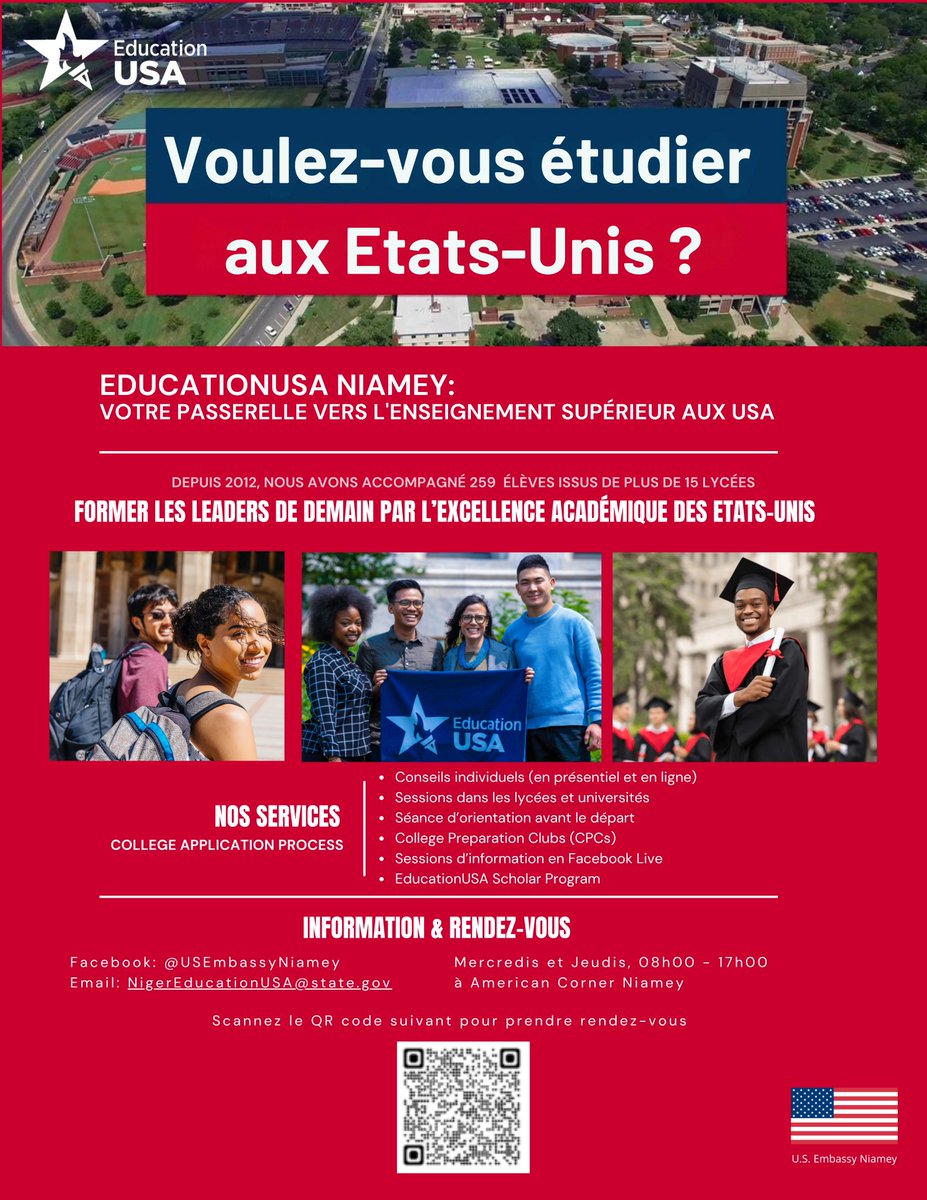 🎓🇺🇸 Looking for the perfect U.S. college or university? Our EducationUSA advisor is here to guide you! 📚 Meet him at the American Corner Niamey. Book your appointment now: docs.google.com/forms/d/e/1FAI… 

---
🎓🇺🇸 Vous cherchez une école ou une université aux États-Unis, qui vous