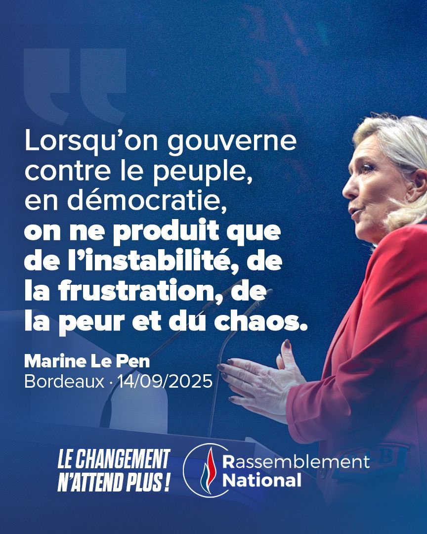 🔵 Lorsqu’on gouverne contre le peuple, on crée les conditions du chaos, exploitées par l’extrême gauche.

Nous rétablirons l’ordre par le retour de la cohésion nationale et le respect des Français !

🇫🇷 Rejoignez-nous : adhesions.rassemblementnational.fr