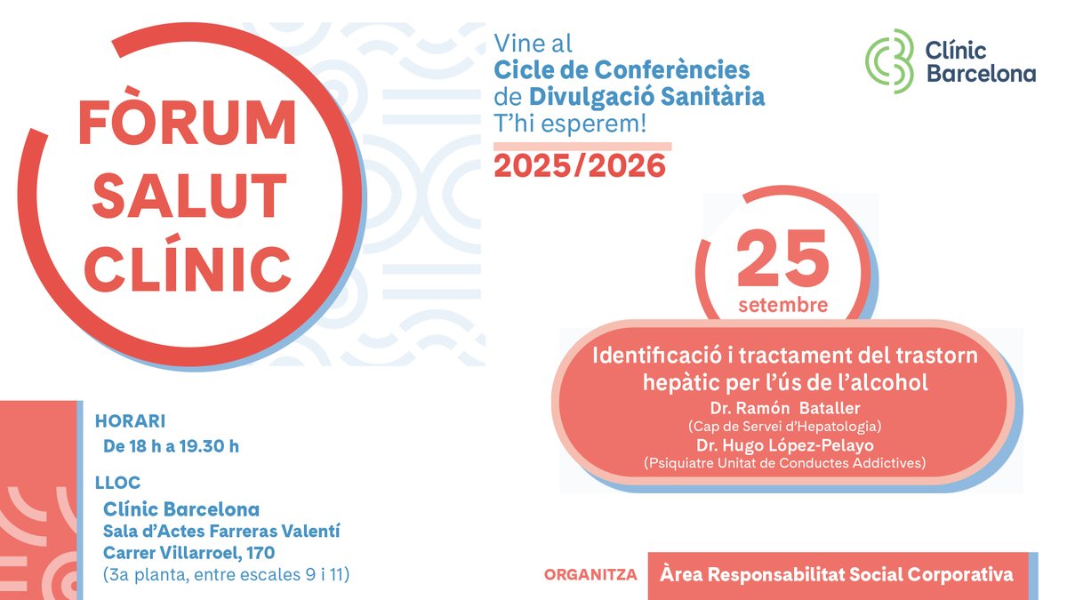 🏥 El pròxim dijous arrenquen de nou les sessions del #FòrumSalutCLÍNIC. En aquest cas es parlarà del trastorn hepàtic per l'ús de l'alcohol. 
Anirà a càrrec del Dr. Ramon Bataller <a href="/rabataller/">Ramon Bataller</a>, cap del Servei d'Hepatologia, i el Dr. Hugo López-Pelayo <a href="/Hugolpi/">Hugo López Pelayo</a>, psiquiatre de la