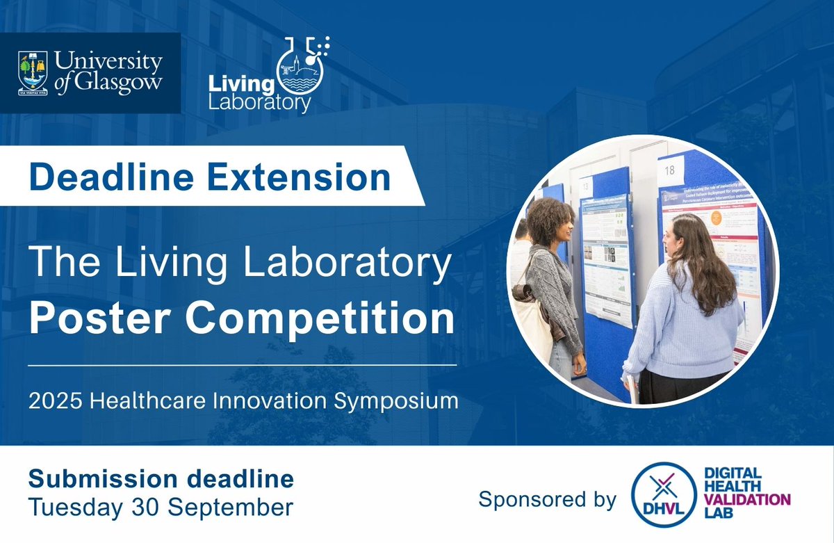 📢 Poster competition deadline extended: submit by Tue 30 Sept!

Showcase your work at our Healthcare Innovation Symposium on Wed 5 Nov.

🌟 First place will receive up to £500 in vouchers and a 1:1 session with the Digital Health Validation Lab.

🔗: gla.ac.uk/colleges/mvls/…