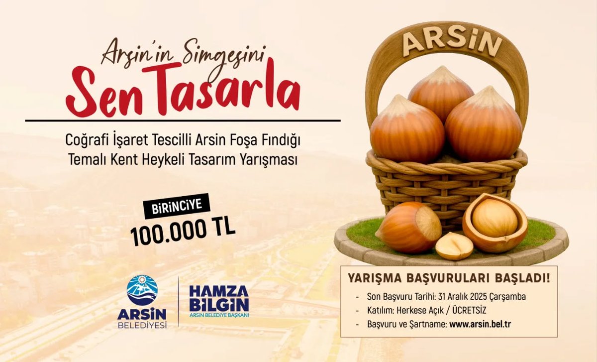shnmustafakemal's tweet photo. Arsin İlçemizin kültürel mirasını ve estetik anlayışını ön plana çıkarmak amacıyla 100 bin TL ödüllü “Arsin’in Temasını Sen Tasarla” ismi ile “Coğrafi İşaret Tescilli Arsin Foşa Fındığı Temalı Kent Heykeli Tasarım Yarışması” düzenliyoruz.
Sanat ve tasarım dünyasına açık olan yarışmamız ile Arsin’in giriş ve çıkış noktalarında sergilenecek özgün heykel tasarımlarını seçeceğiz.
Herkesi yarışmamıza katılmaya davet ediyoruz.