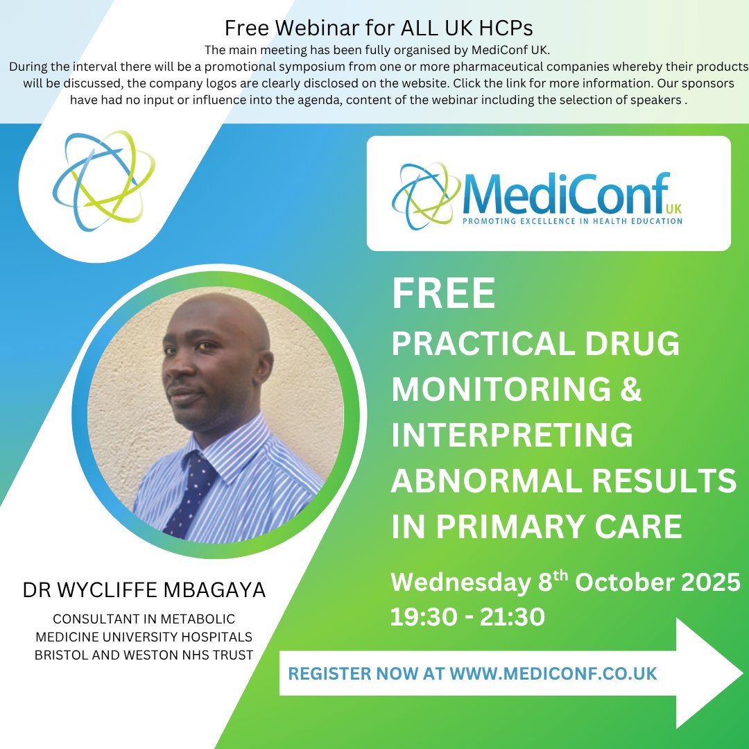 MediConfUK's tweet image. For UK HCPs: 💊 Practical Drug Monitoring &amp;amp; Interpreting Abnormal Results in Primary Care with Dr Wycliffe Mbagaya on 8th Oct.

For further information and to book your place please click here:  mediconf.co.uk/event-details.…

#PrimaryCare #GPWebinar #DrugMonitoring #MedicalEducation