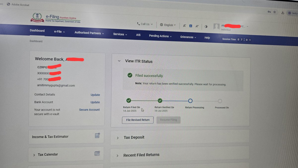 AmitGupta11111's tweet photo. I filed my ITR on July 12, 2025. Although it's been successfully verified, the ITR hasn't been processed yet, and I haven't received my refund for over 2 months.
Please support  and do needful 🙏
@IncomeTaxIndia
@GovernmentIndia @PMOIndia @UPGovt https://t.co/GtzkET3N7h