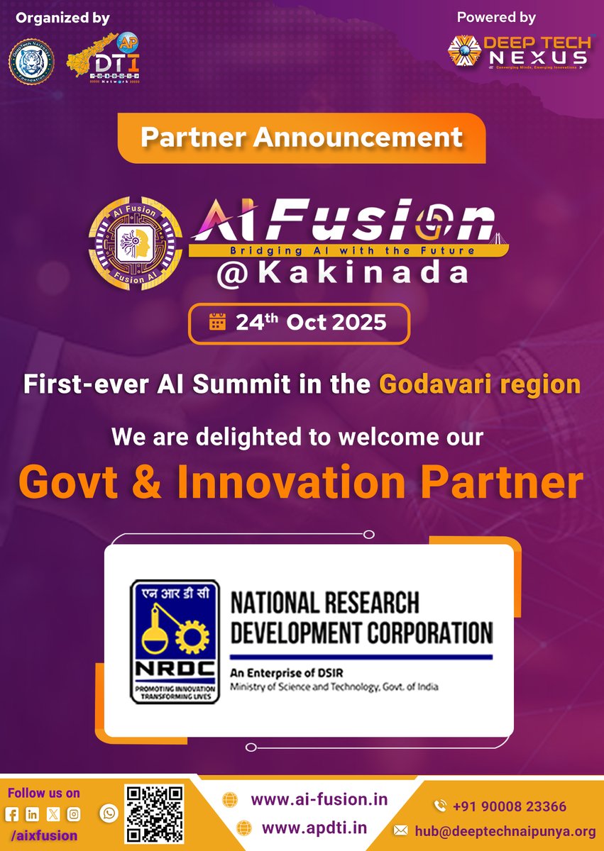 We’re delighted to welcome <a href="/NRDCIndia1953/">National Research Development Corporation (NRDC)</a> as a Govt. &amp; Innovation Partner for #AIFusion @ Kakinada

The first-ever #AISummit in the #Godavari region, driving #AI adoption &amp; #innovation.

✨24 Oct 2025 | #Kakinada, AP
Register at: ai-fusion.in

#AISummit #TechSummit