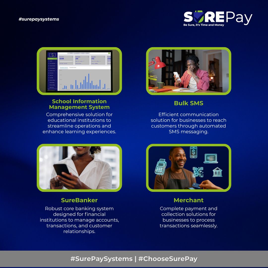 From schools to banks, and businesses of every size. SurePay delivers smart, reliable, and seamless solutions for management, communication, and payments. Choose efficiency. Choose growth. Choose SurePay.