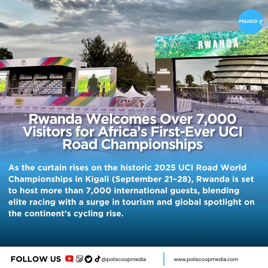 poliscoopmedia's tweet photo. As the curtain rises on the historic 2025 UCI Road World Championships in Kigali (September 21–28), Rwanda is set to host more than 7,000 international guests, blending elite racing with a surge in tourism and global spotlight on the continent’s cycling rise. #Kigali2025 https://t.co/t8WC1GbLhi