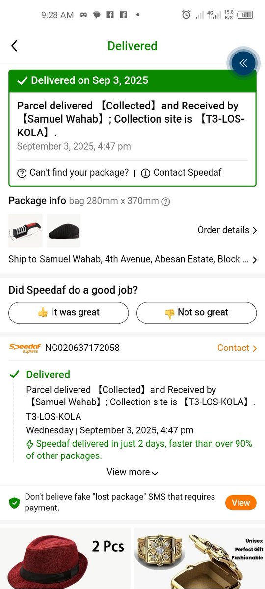 SOWDYNASTY's tweet photo. @Speedafng I bought stuffs from Temu and the items are yet to be delivered but my account on Temu is reading "delivered". Even the tracking number is saying "delivered". Please, ask your delivery guy who he gave my items to. https://t.co/95E2Zk98RJ