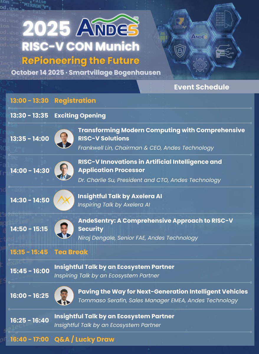 Andes_Tech's tweet image. ✨Stay tuned for 2025 Andes RISC-V CON Munich on October 14, 2025 at Smartvillage Bogenhausen🎯Take a look at the Event Schedule here and gear up for thought-provoking sessions that open new doors in #RISCV🔓Register and seize your last chance this year: pse.is/84jsgz