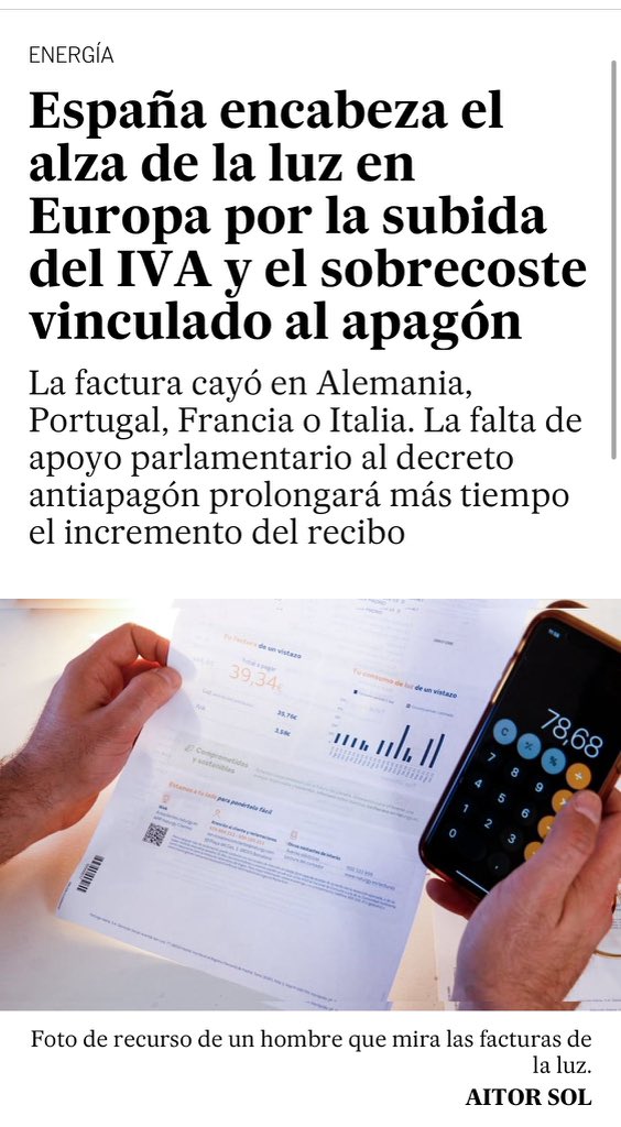 España encabeza el alza de la luz en Europa por la subida del IVA y el sobrecoste vinculado al apagón

 elpais.com/economia/2025-…