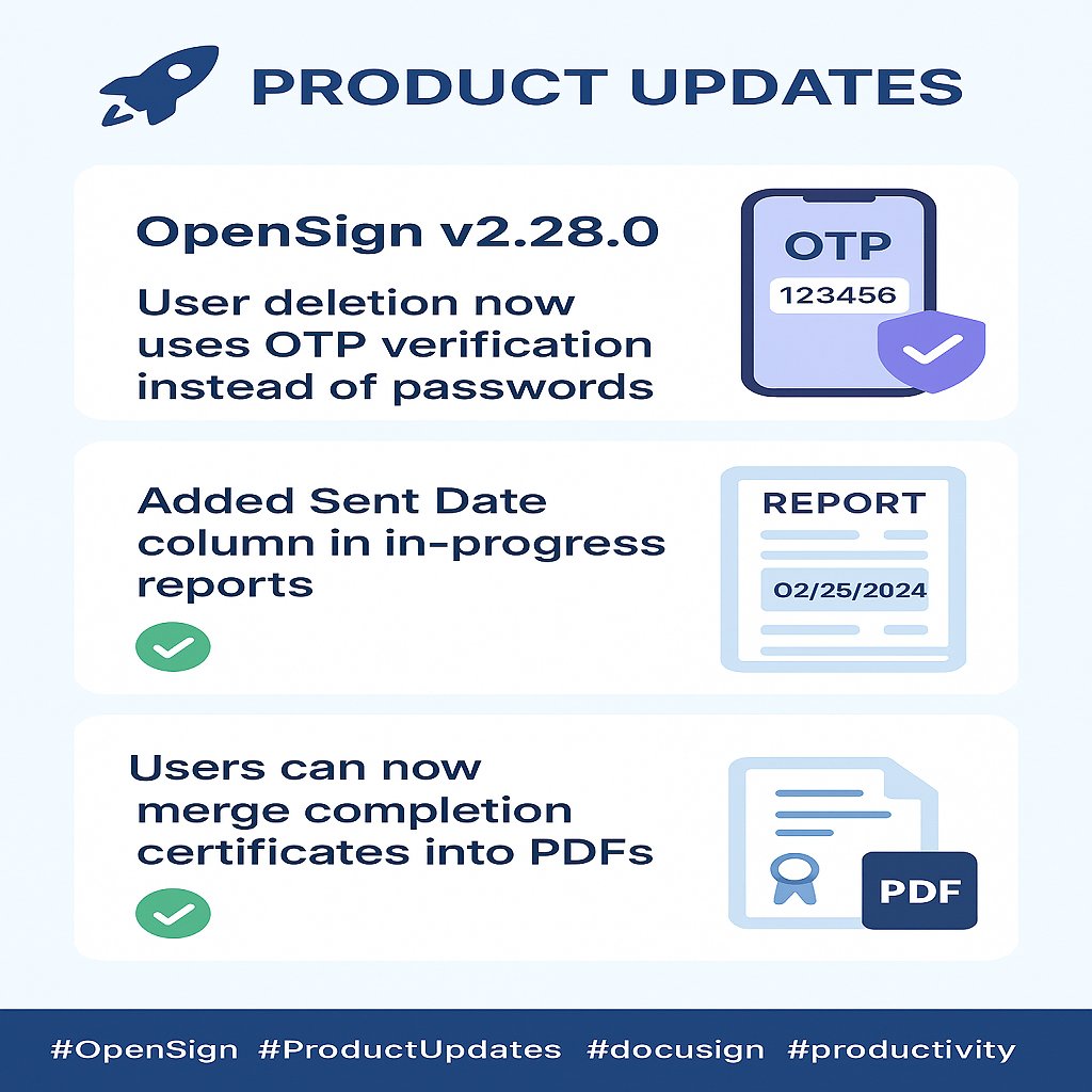 🚀 Product Updates
We’re excited to announce the release of OpenSign v2.28.0!

✅ User deletion now requires OTP verification instead of passwords.
📅 Added a Sent Date column in in-progress reports.
📑 Users can now merge completion certificates directly into PDFs.

#OpenSign