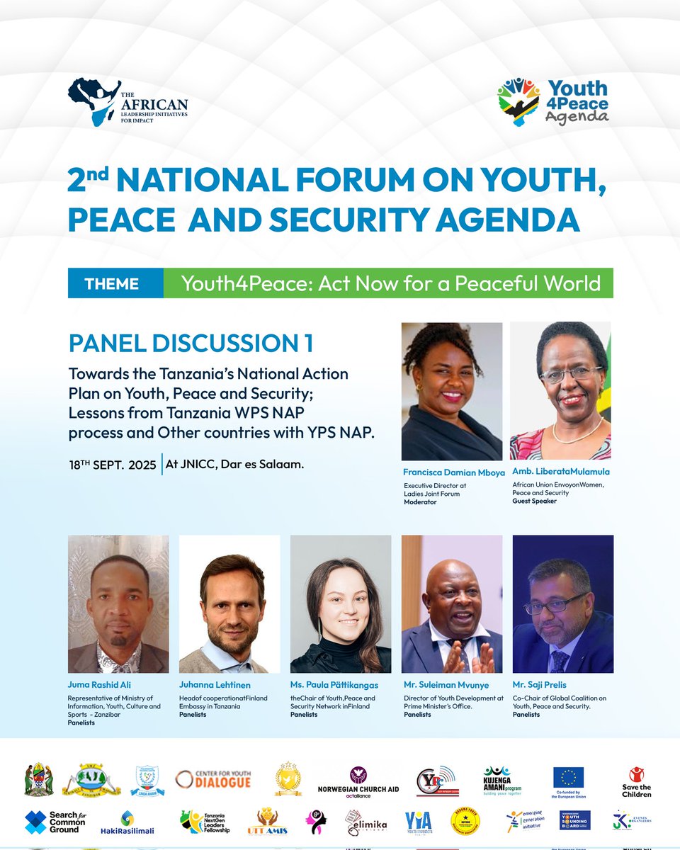 ALII_Africa's tweet photo. Panel Discussion

Theme: Towards Tanzania’s National Action Plan on YPS; Lessons from WPS NAP &amp; other countries.

Moderator: Francisca Mboya.

Guest Speaker: Amb. Liberata Mulamula

Panelists: Juma Ali, Juhanna Lehtinen, Ms. Paula , Mr. Suleiman, and Mr. Saji Prelis.

#NFYPS2025 https://t.co/4WApOAgM8z