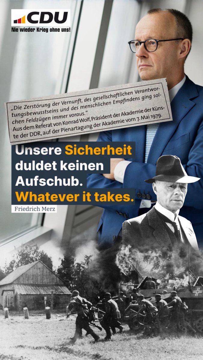 Deutsche Traditionen

++++++++++++++++

Ein Mann der Tatkraft, der Entschlossenheit und der historischen Kontinuität: 

Friedrich „Putin sabotiert, er spioniert, er mordet, versucht zu verunsichern" Merz sorgt für Deutschlands Kriegstüchtigkeit.

DIESMAL kommt uns der Russe nicht
