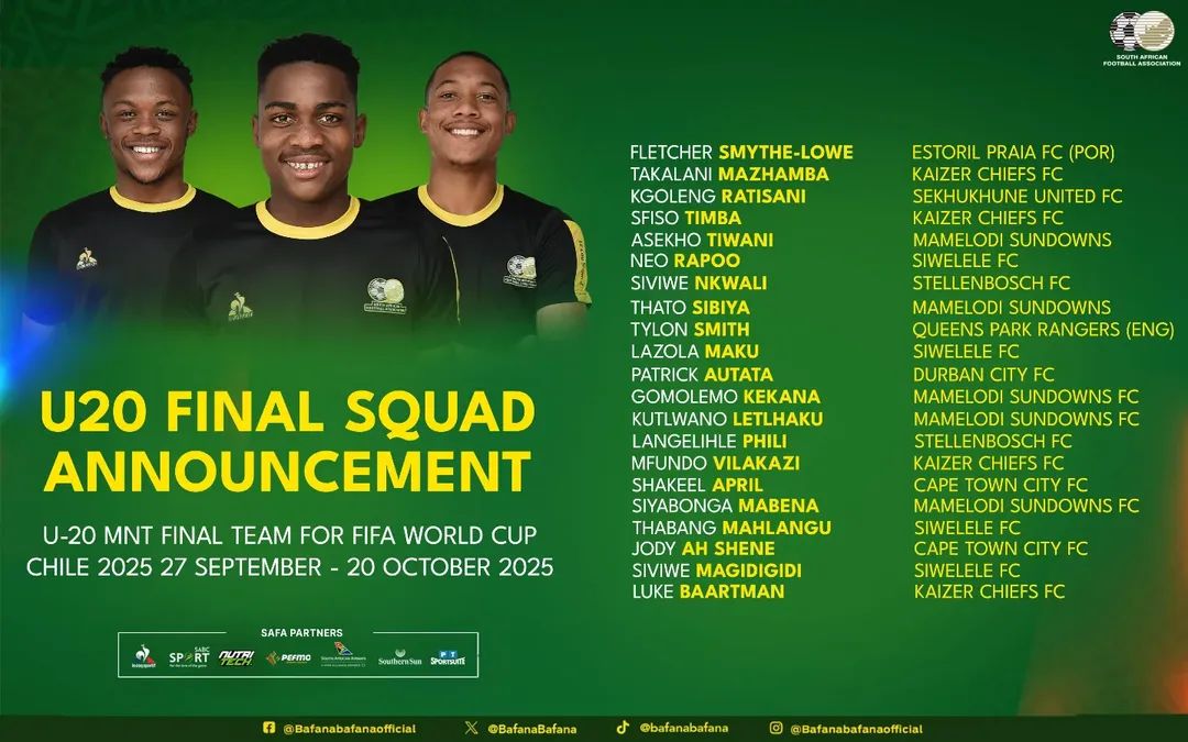 Congratulations to Kgoleng Ratisani, Patrick Autata &amp; Mfundo Vilakazi who have been selected for the SA U20 national team final squad for the 2025 U20 <a href="/FIFAWorldCup/">FIFA World Cup</a> to be held in Chile later this month 🇿🇦⚽️

📷: <a href="/SAFA_net/">SAFA.net</a> 

#Amajita #PatrickAutata #MfundoVilakazi #KgolengRatisani