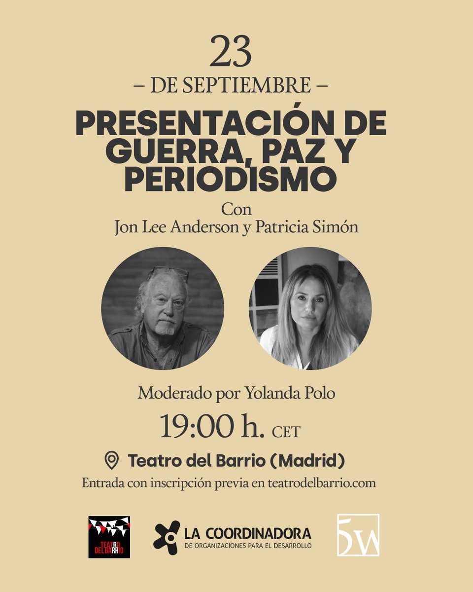 📚✨ “Guerra, paz y periodismo” tendrá dos presentaciones:

📍 Barcelona – 22 de septiembre
📍 Madrid – 23 de septiembre

Con Jon Lee Anderson, <a href="/patriciasimon/">Patricia Simón ✍️</a> y <a href="/yolandapolot/">yolandapolot</a> <a href="/revista5W/">Revista 5W</a>  

Un encuentro para reflexionar sobre el papel del periodismo en tiempos de conflicto.