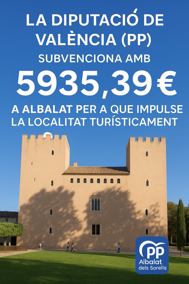 🏰☀️ LA <a href="/dipvalencia/">Diputació de València</a> (PP) SUBVENCIONA AMB 5.935,39 € A #ALBALATDELSSORELLS PER A QUE IMPULSE LA LOCALITAT TURÍSTICAMENT
 
👉🏻D’ esta manera, es posarà en marxa un ambiciós projecte turístic integral amb l’objectiu de posar en valor 📸 la bellesa i la diversitat del municipi,