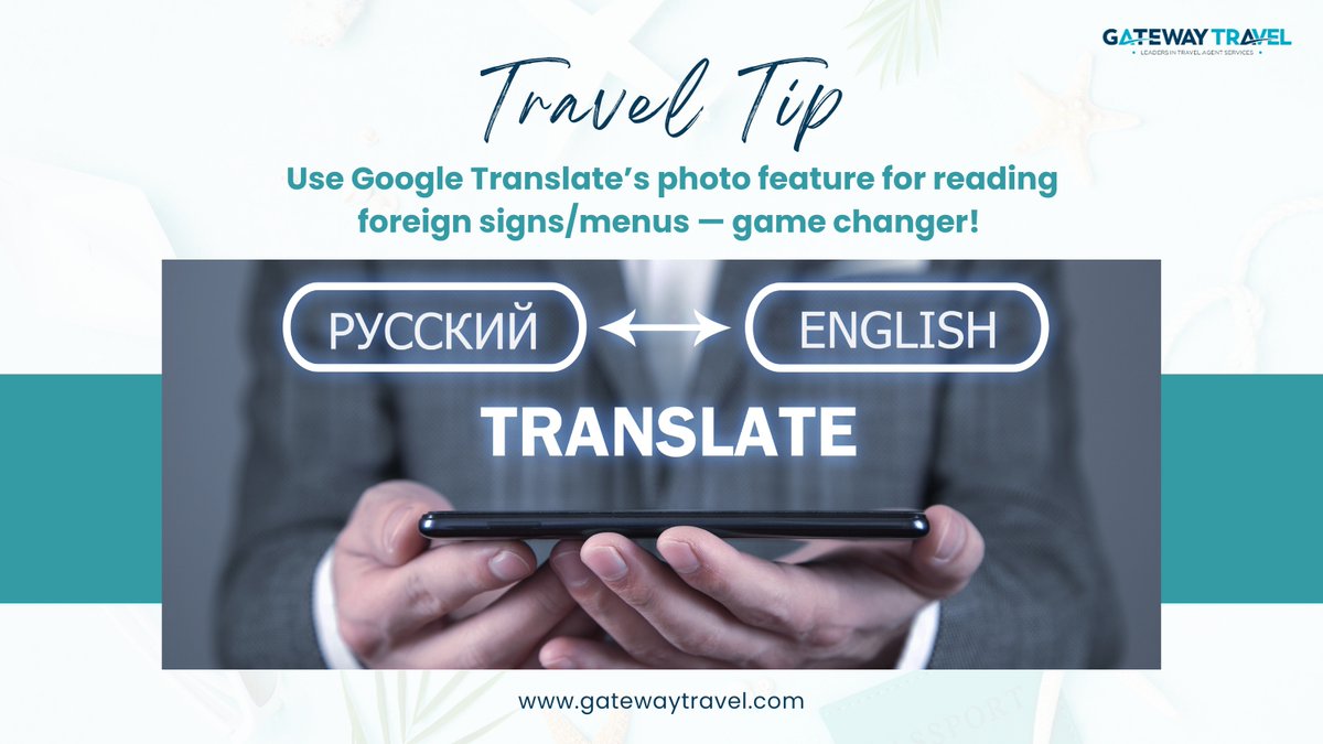 GatewayTravell's tweet image. Use Google Translate’s photo feature for reading foreign signs/menus — game changer! 📱

Become the agent with all the hacks!
👇
gatewaytravel.com

#TravelTips #SmartAgent #GatewayTravel
