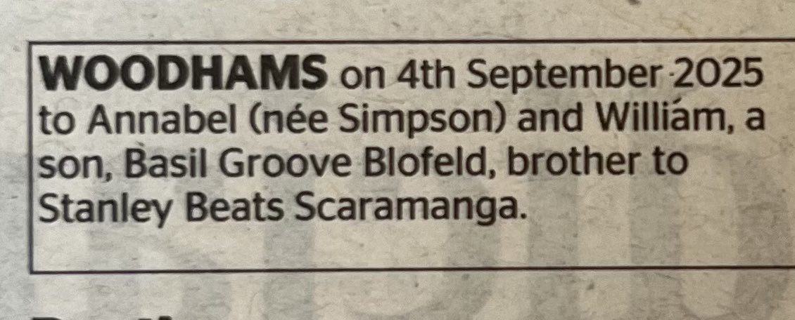 Birth announcement in The Times today. Annabel and William clearly not thinking of the children  . . .