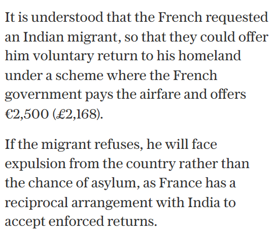 I kid you not. The first 'one in, one out' illegal migrant sent back to France is an Indian migrant.

The French requested him because, JUST LIKE THE UK, they have a returns deal with India. 

The French are just going to deport him and send us another migrant. It's all theatre.