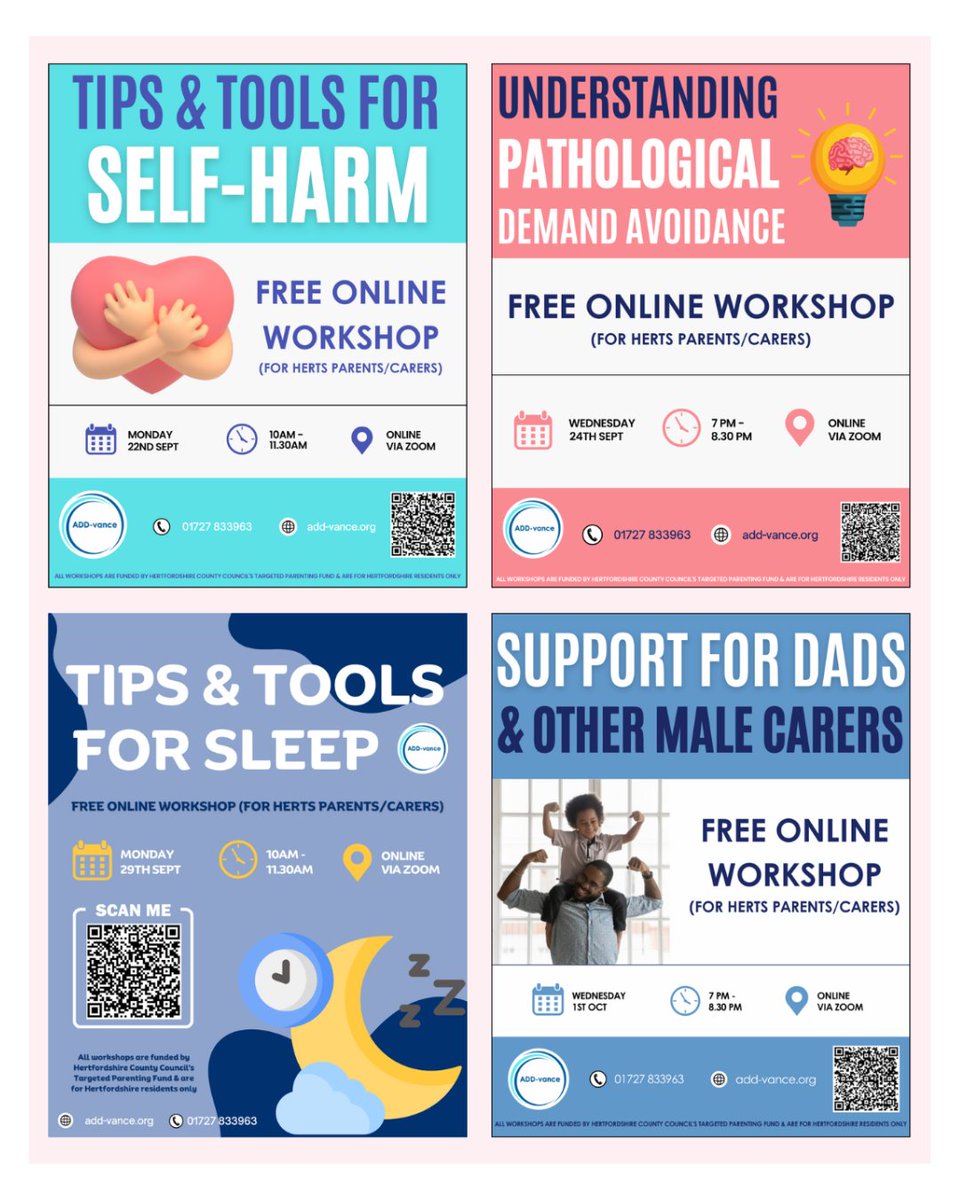 ADD-vance ADHD and Autism Trust (@vanceadd) on Twitter photo 👀Take a look at the FREE upcoming workshops available to Hertfordshire parents/carers 👀
Book here: bit.ly/3SYdUBG or scan QR codes in the images
#ADDvance #ADHD #autism #neurodiversity #neurodivergent #hertfordshire #workshop #selfharm #PDA #sleep #dads #malecarers 👀Take a look at the FREE upcoming workshops available to Hertfordshire parents/carers 👀
Book here: bit.ly/3SYdUBG or scan QR codes in the images
#ADDvance #ADHD #autism #neurodiversity #neurodivergent #hertfordshire #workshop #selfharm #PDA #sleep #dads #malecarers