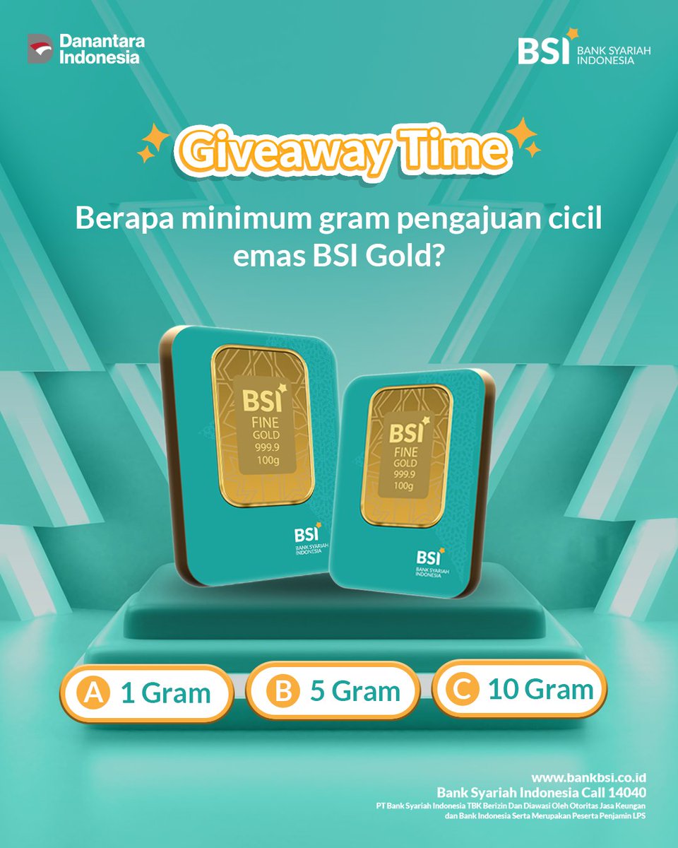 Assalamu'alaikum, Sahabat Syariah!
Mau saldo e-wallet senilai 300K untuk 3 orang pemenang?

Caranya gampang :

1. Tebak berapa minimum gram pengajuan Emas di BSI Gold!
2. WAJIB follow <a href="/bankbsi_id/">Bank Syariah Indonesia</a> 
3. Like postingan ini
4. Tulis Jawaban kamu di kolom komentar

Periode: 18