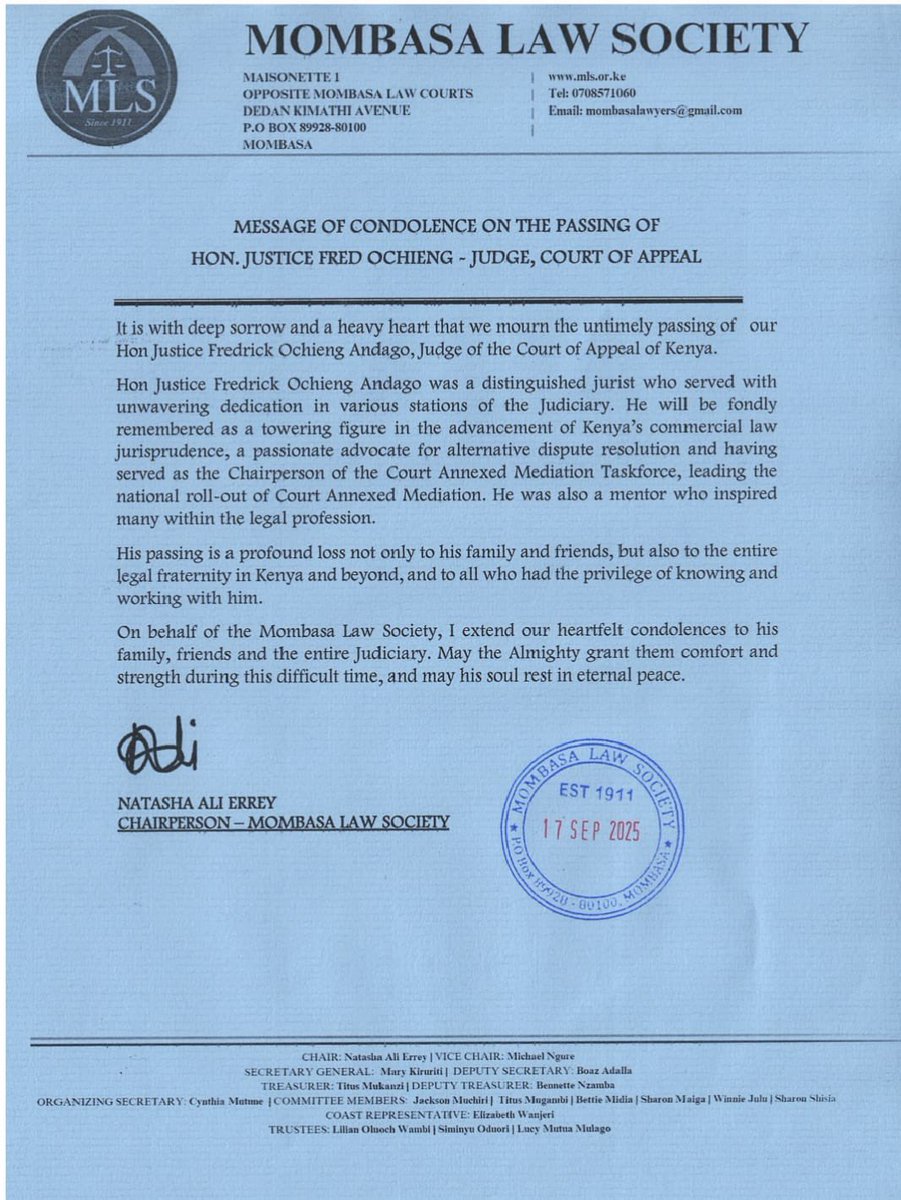 The Mombasa Law Society extends heartfelt condolences on the passing of Hon. Justice Fred Ochieng, Judge of the Court of Appeal. His legacy in advancing Kenya’s jurisprudence will endure. 🕊️
