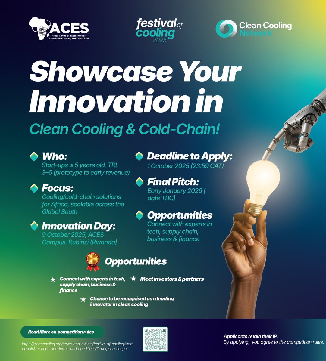❄️ Festival of Cooling Competitions!

📸 Photography Contest
Show how cooling shapes life—food, vaccines, work, togetherness!
🏆 Prizes up to FRW 300,000
🗓️ Deadline: 25 Sept 2025
✍️ Details: cleancooling.org/news-and-event…
🔗 Submit: forms.office.com/pages/response…
#festivalofcooling

🚀