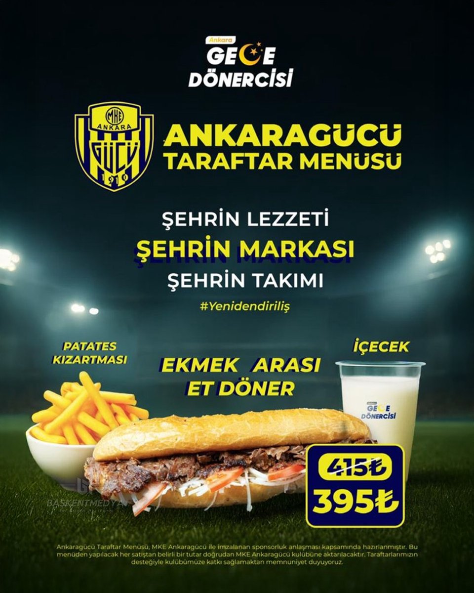 💥ÖZEL - Ankara’nın ilk, Türkiye’nin En büyük Gece Dönercisi lacivert tabelasıyla Ankara Gece Dönercisi; Ankaragücü taraftarlarına özel menü hazırladı.

Bu menüden yapılacak her satıştan belirli bir tutar doğrudan kulübe aktarılacak.