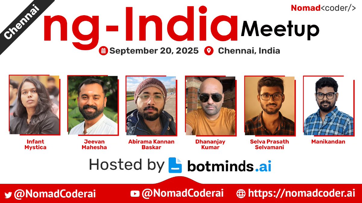 nomadcoderai's tweet image. Join #ngIndia Chennai meet-up to learn six deep-dive topics from six amazing speakers to on 20th September.
RSVP here - nomadcoder.ai/event/8
Thanks Botminds AI for sponsoring the event.
#ngIndia #nomacoder #angular #ai #community #meetup