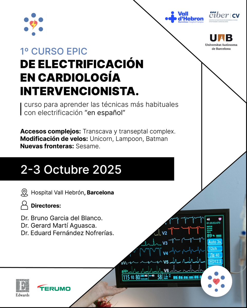 Llega el 1º Curso EPIC de Electrificación en Cardiología Intervencionista (en español).

🗓️ 2–3 de octubre de 2025 | 📍 Hospital Vall d’Hebron, Barcelona

Qué abordará:
• Accesos complejos: transcava y transeptal complex
• Modificación de velos: Unicorn, LAMPOON, Batman
•