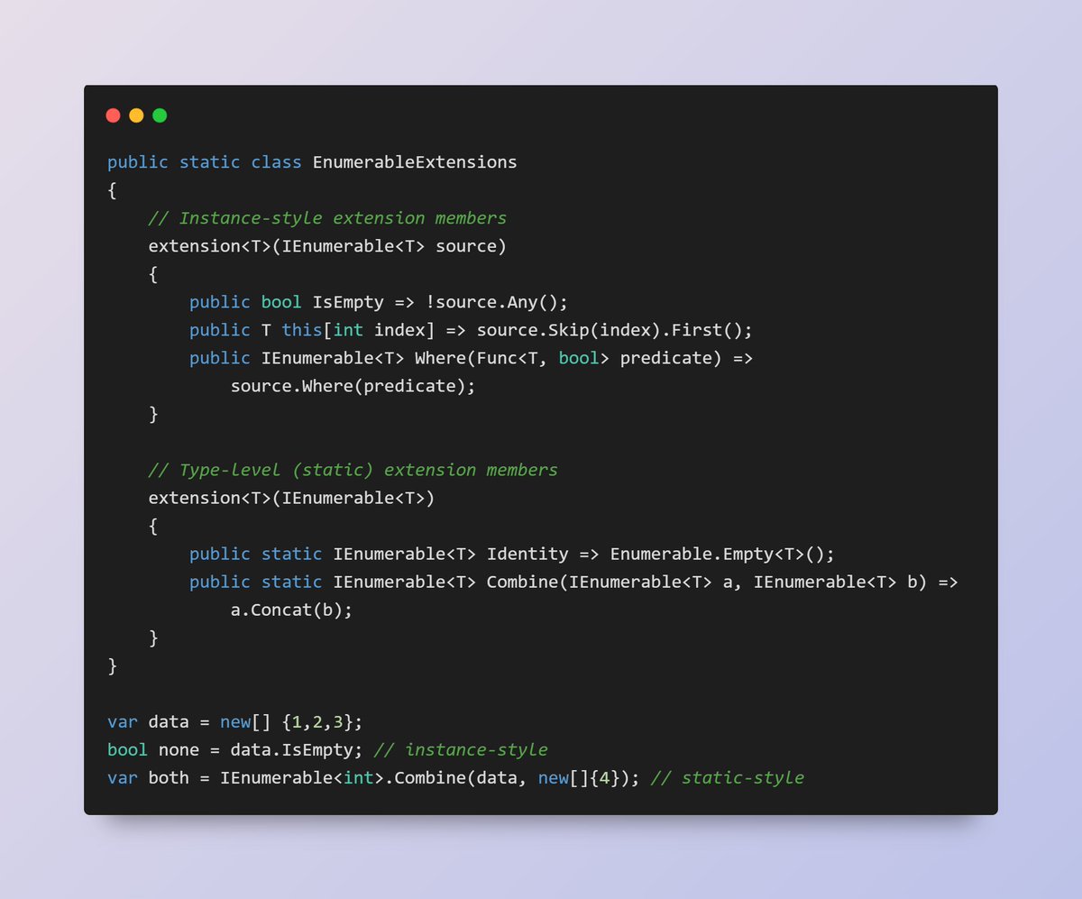 roxeems's tweet image. In C# 14, you can now declare extension properties, indexers, and even static extension members on a type. #dotnet #csharp #dotnet10

roxeem.com/2025/08/30/c-1…