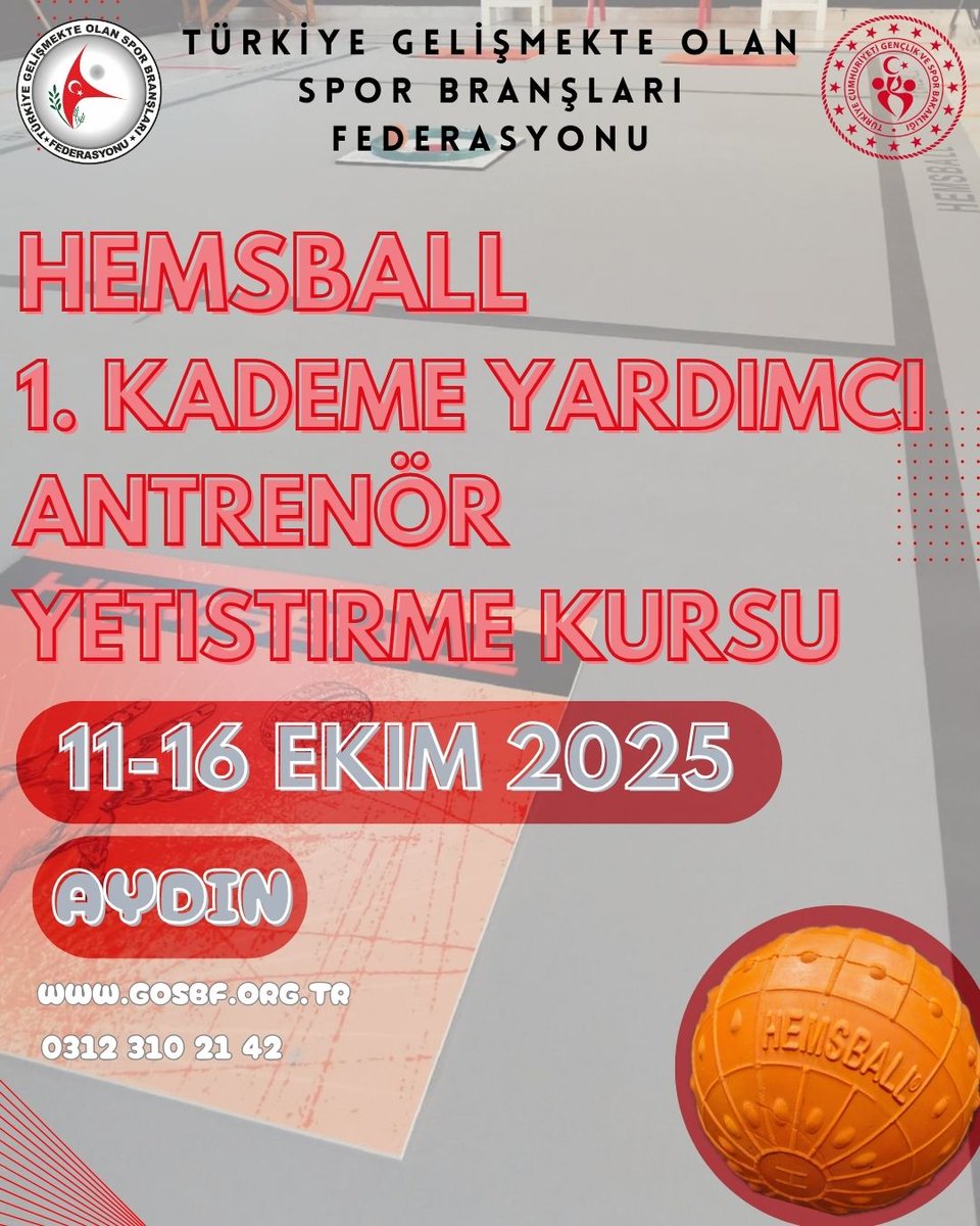 Hemsball 1. Kademe Yardımcı Antrenör Yetiştirme Kursu 11-16 Ekim 2025 tarihleri arasında Aydın ilinde gerçekleştirilecektir. 

Kursa dair detaylara resmi web adresimiz üzerinden ulaşabilirsiniz.

<a href="/OA_BAK/">Dr. Osman Aşkın Bak</a> 
<a href="/hamzayerlikaya/">Hamza Yerlikaya 🇹🇷</a> 
<a href="/fjuysal/">Fatih UYSAL</a> 
<a href="/gencliksporbak/">Gençlik ve Spor Bakanlığı 🇹🇷</a> 
<a href="/GSBsporgm/">Spor Hizmetleri Genel Müdürlüğü</a>