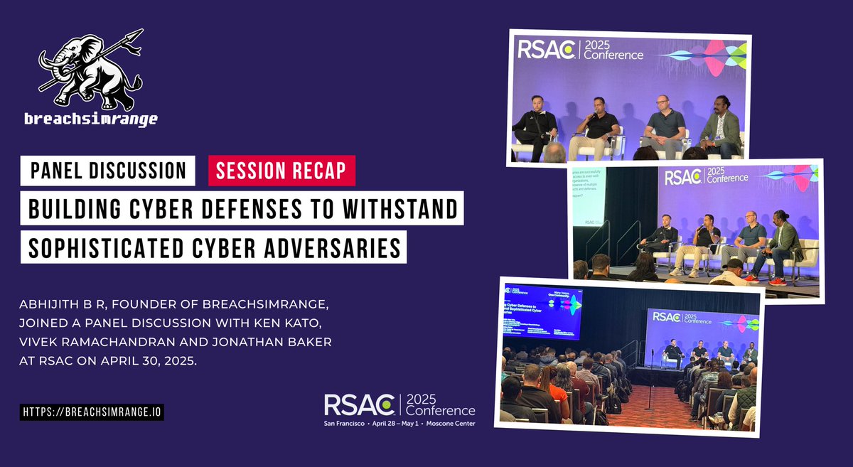 Throwback to #RSAC2025: <a href="/abhijithbr/">Abhijith B R</a> joined <a href="/CyberCalyx/">Ken Kato</a> , <a href="/vivekramac/">Vivek Ramachandran</a> and <a href="/JonathanOBaker/">Jonathan Baker</a> for a panel discussion on “Building Cyber Defenses to Withstand Sophisticated Cyber Adversaries” at RSAC on April 30, 2025. Learn more: breachsimrange.io
<a href="/OneRSAC/">RSAC</a> #BreachSimRange