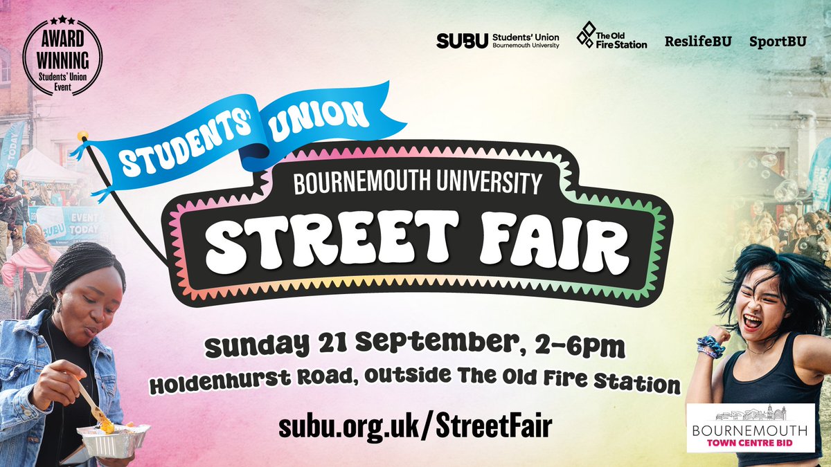 Join us Sun 21 Sept, 2–6pm, as Holdenhurst Rd transforms into the Bournemouth Uni Street Fair!

Expect live music, street sport, food, art &amp; stalls, from The Old Fire Station to Landsdowne Roundabout. Let’s give new students a big Bournemouth hello!