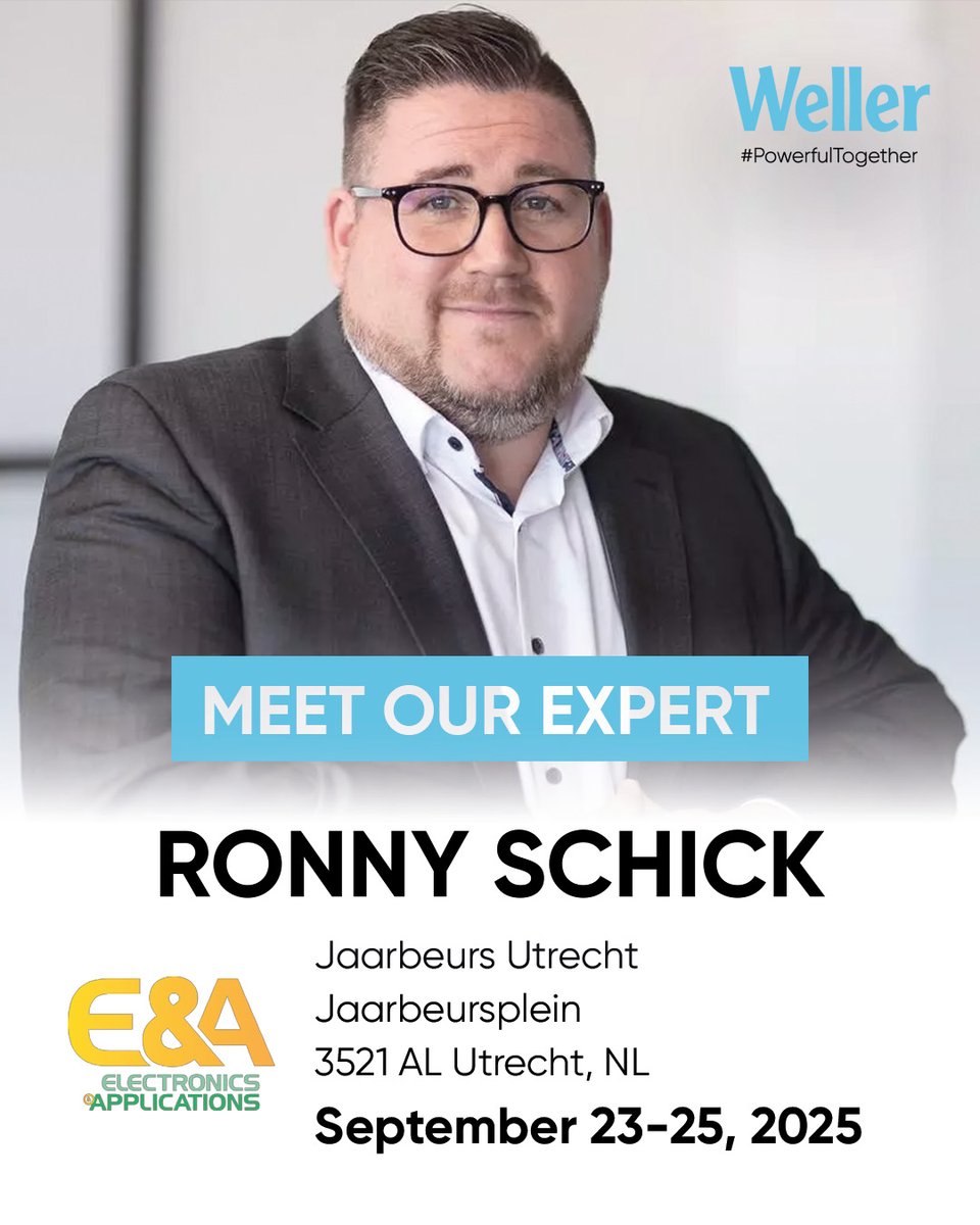 Meet #Weller expert Ronny Schick &amp; <a href="/Romex_bv/">Romex B.V.</a>. at Electronics &amp; Applications, Sept 23–25 in #Utrecht! Explore #WXsmart, #WTM stations &amp; the new #ZeroSmog Guard live in action. Visit us at #Booth 9C095, Jaarbeurs Utrecht. #PowerfulTogether